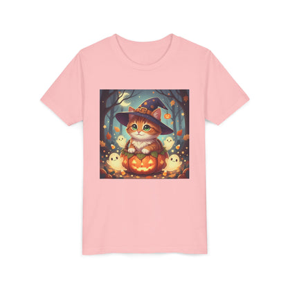 Halloween cute kitten anime style 3 Unisex Youth Tee | T-Shirt, Cute Pumpkin Shirt, Kids Halloween Outfit, Cat Lover Gift, Fun Fall Apparel