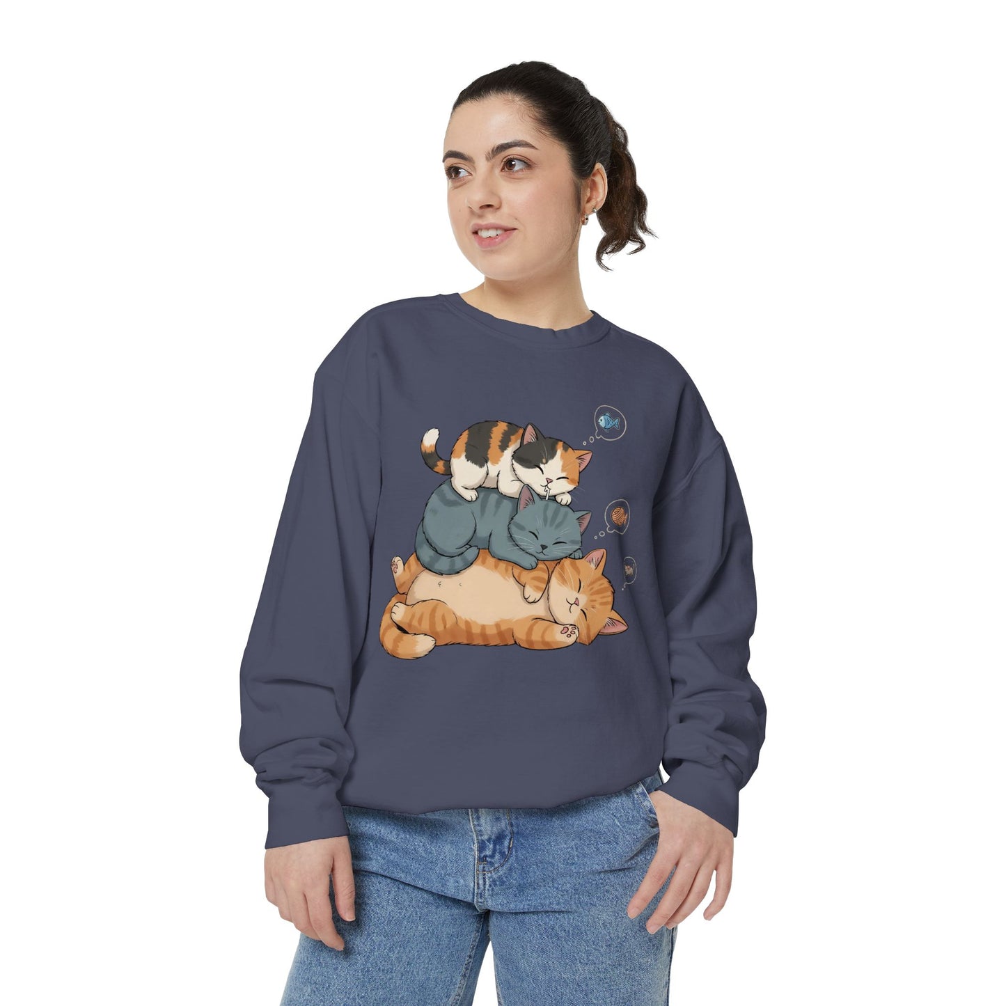 3 Cute Sleeping Cats Cozy Graphic Unisex Crewneck Sweatshirt style 2