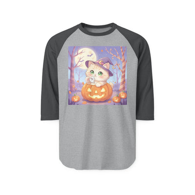 Halloween cute kitten anime style 1 Raglan Shirt, Unisex Halloween Top, Pumpkin Cat Shirt, Cute Cat Tee, Spooky Casual Wear