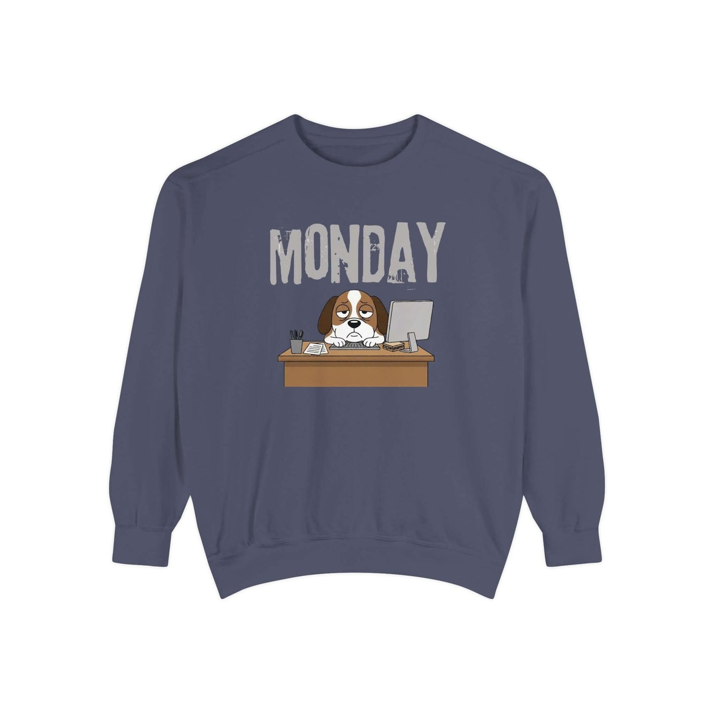 Monday Face Dog Stares Blankly Unisex Crewneck Sweatshirt showing a grumpy dog under the 'MONDAY' banner.