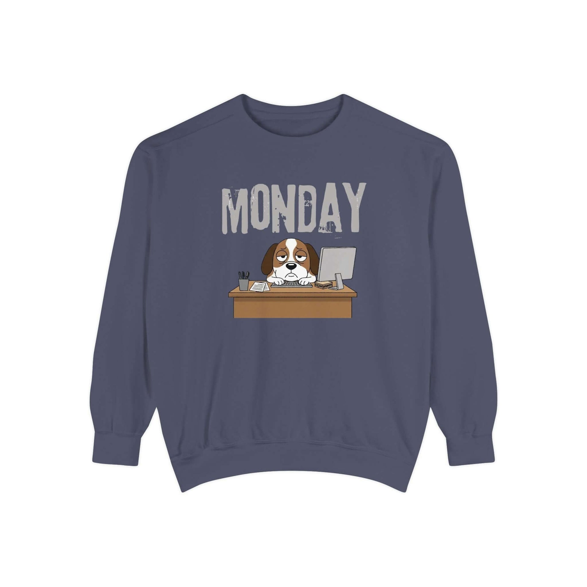 Monday Face Dog Stares Blankly Unisex Crewneck Sweatshirt showing a grumpy dog under the 'MONDAY' banner.