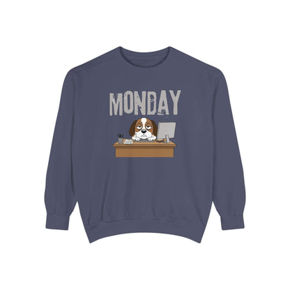 Monday Face Dog Stares Blankly Unisex Crewneck Sweatshirt showing a grumpy dog under the 'MONDAY' banner.