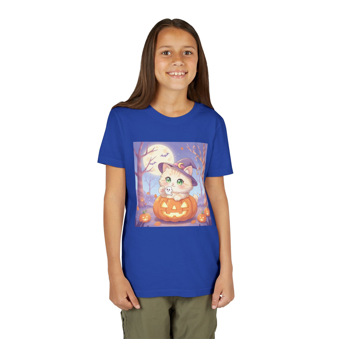 Halloween cute kitten anime style 1 Unisex Youth Tee | T-Shirt, Cute Pumpkin Shirt, Kids Halloween Outfit, Cat Lover Gift, Fun Fall Apparel