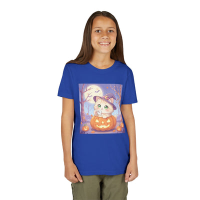 Halloween cute kitten anime style 1 Unisex Youth Tee | T-Shirt, Cute Pumpkin Shirt, Kids Halloween Outfit, Cat Lover Gift, Fun Fall Apparel