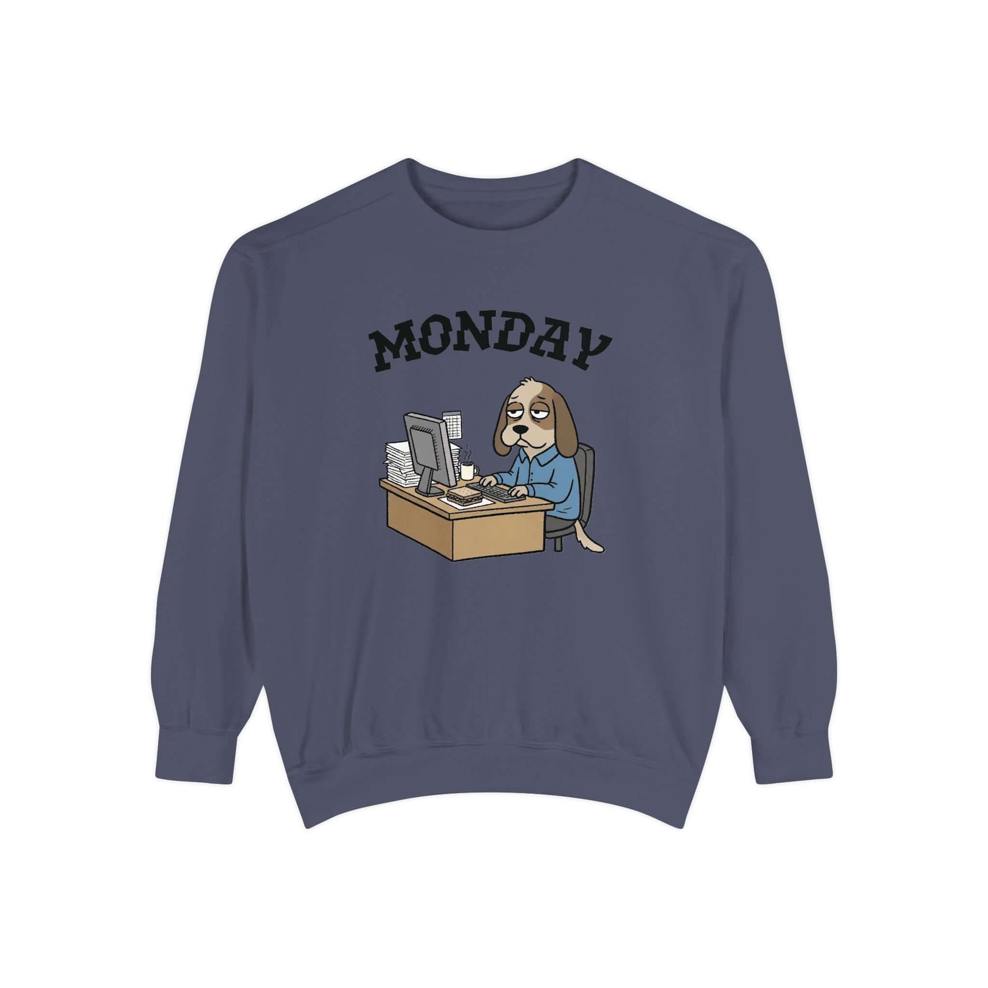 Monday Face Dog Stares Blankly Unisex Crewneck Sweatshirt featuring a cartoon dog working at a desk.