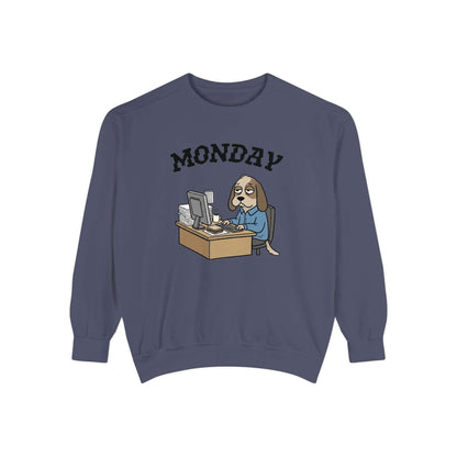 Monday Face Dog Stares Blankly Unisex Crewneck Sweatshirt featuring a cartoon dog working at a desk.
