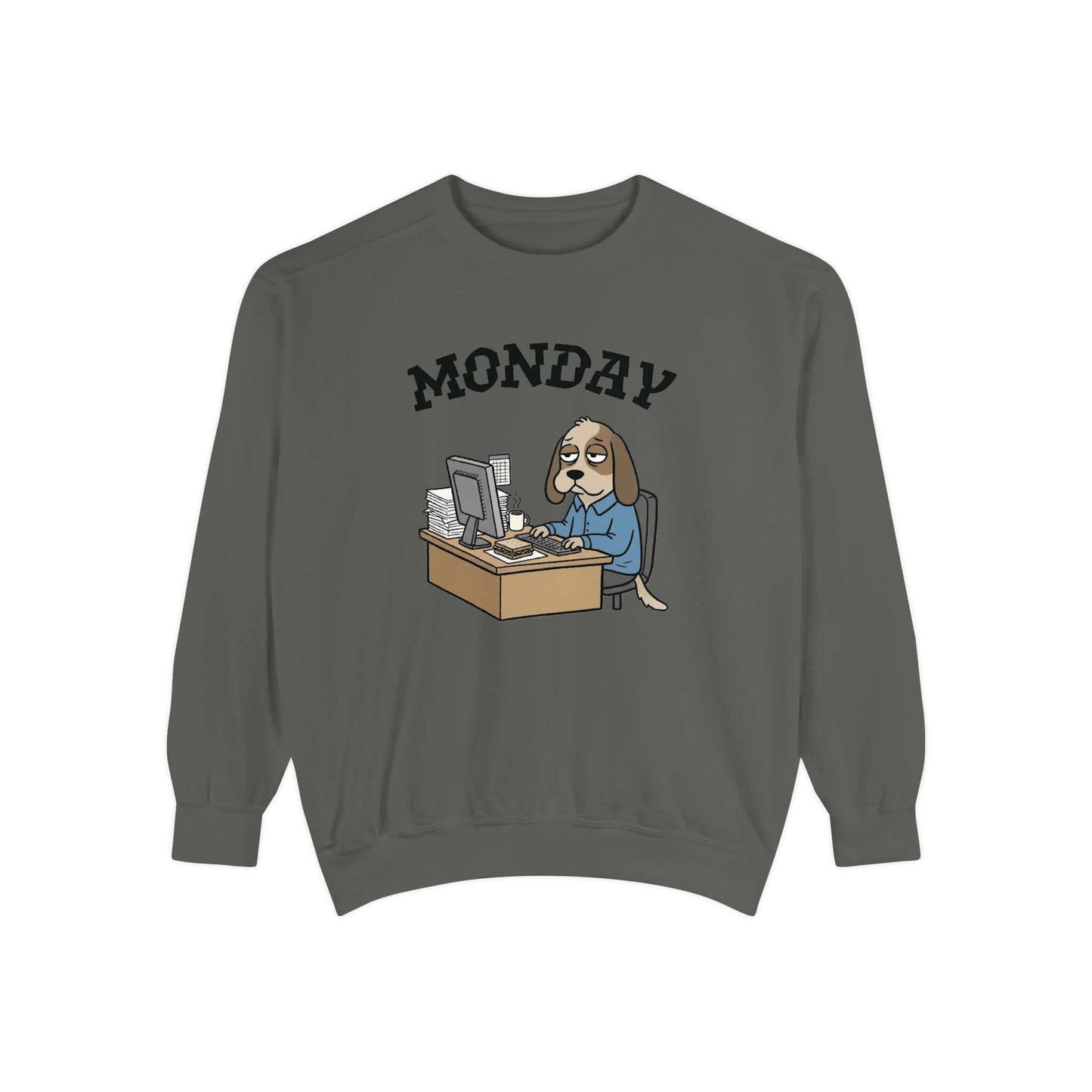 Monday Face Dog Stares Blankly Unisex Crewneck Sweatshirt featuring a dog at a desk under a 'MONDAY' banner.