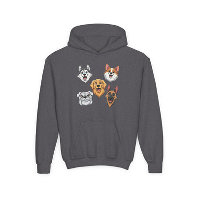 Cute Dog Heads Unisex Youth Hoodie, Fun Pet Lover Sweater, Kids Gift, Animal Lover Apparel, Perfect for Birthdays & Holidays