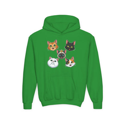 Cute Cat Heads Unisex Youth Hoodie, Fun Pet Lover Sweater, Kids Gift, Animal Lover Apparel, Perfect for Birthdays & Holidays