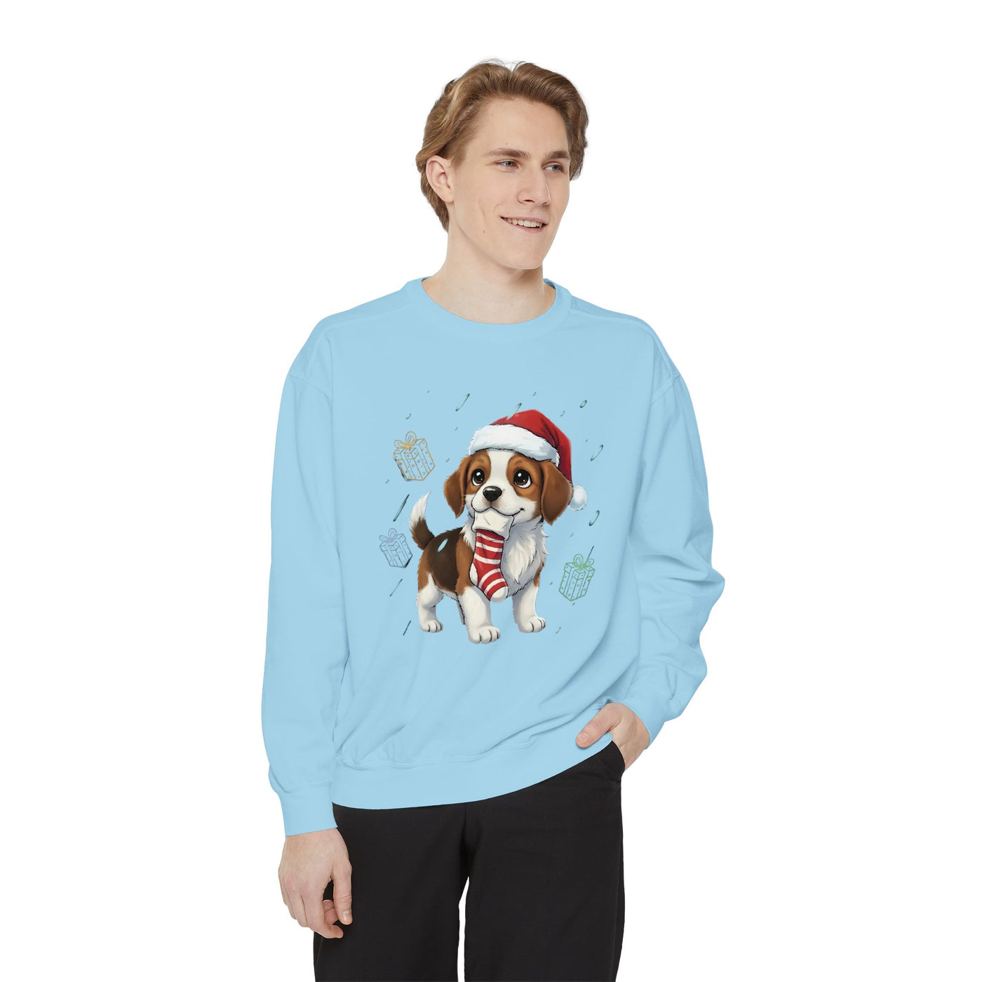 Cute Puppy waiting for Christmas presents style 6 Cozy Graphic Unisex Crewneck Sweatshirt