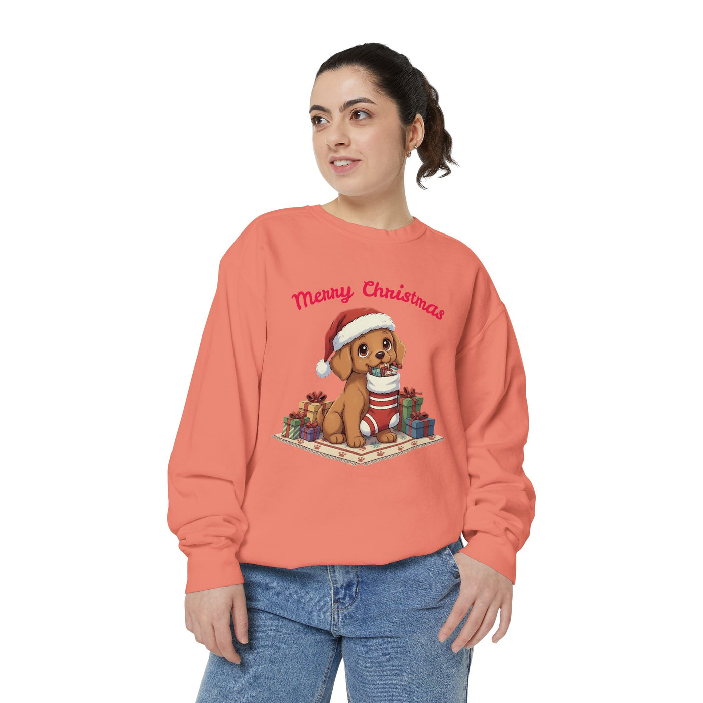 Cute Puppy waiting for Christmas presents style 2 Cozy Graphic Unisex Crewneck Sweatshirt