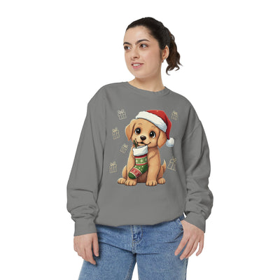 Cute Puppy waiting for Christmas presents style 4 Cozy Graphic Unisex Crewneck Sweatshirt