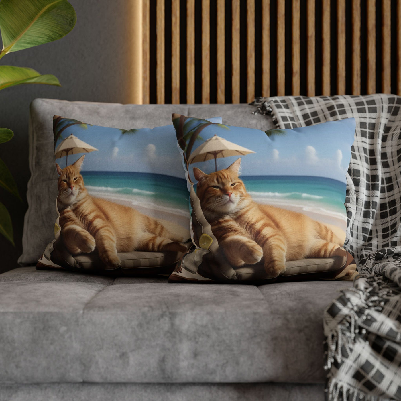 Relaxing Cat Beach Pillowcase - Cozy Spun Polyester Decorative Pillowcase for Cat Lovers
