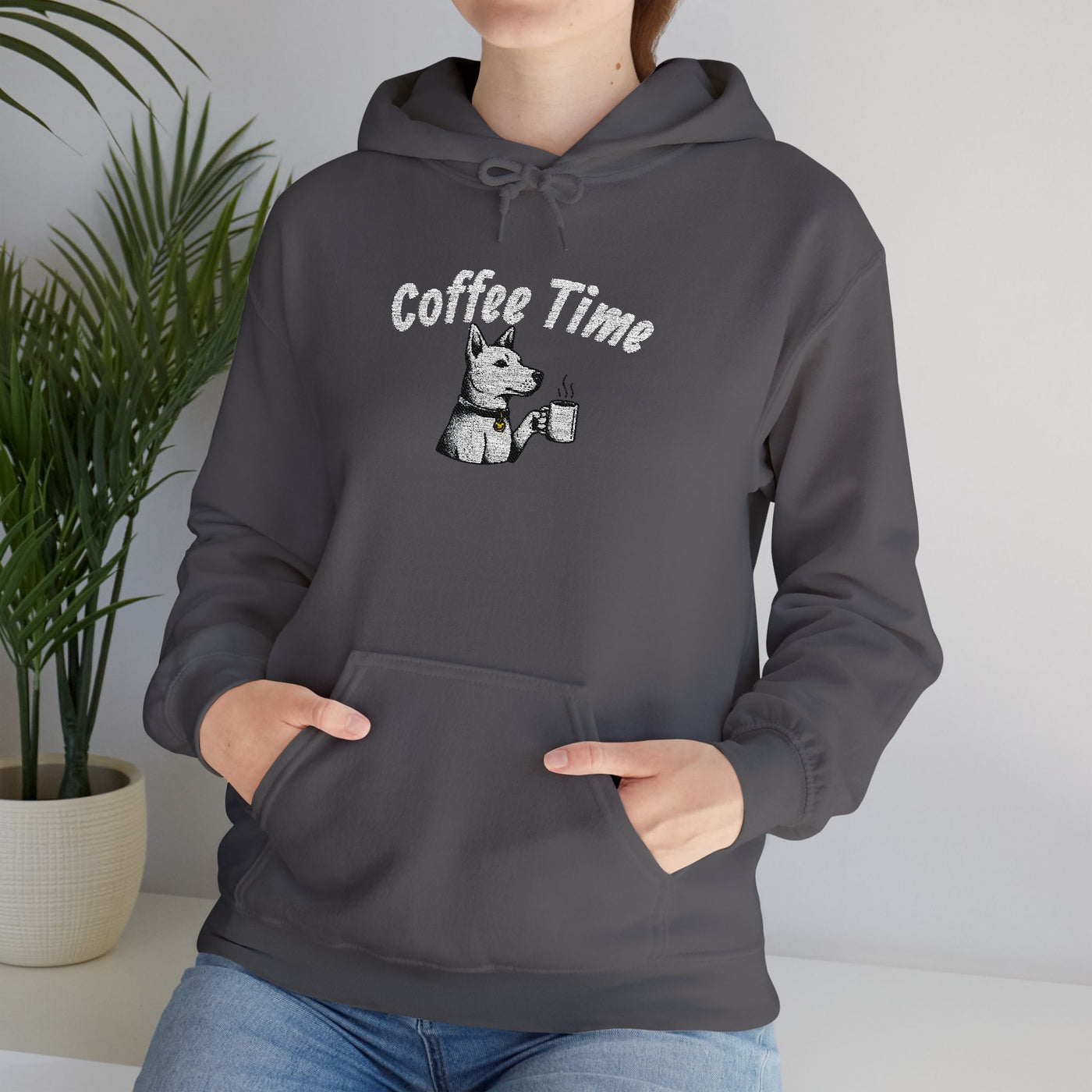 Coffee Time Dog Embroidered style 1 Unisex Pullover Hoodie
