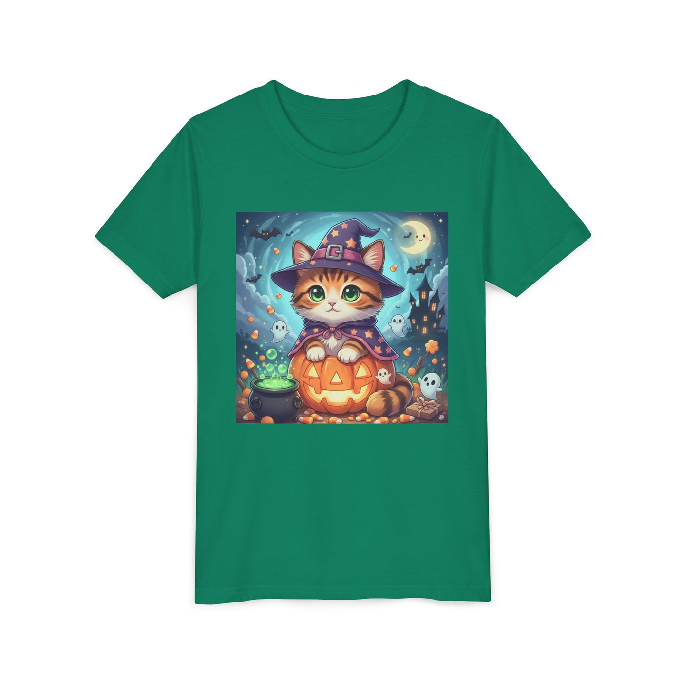 Halloween cute kitten anime style 2 Unisex Youth Tee | T-Shirt, Cute Pumpkin Shirt, Kids Halloween Outfit, Cat Lover Gift, Fun Fall Apparel
