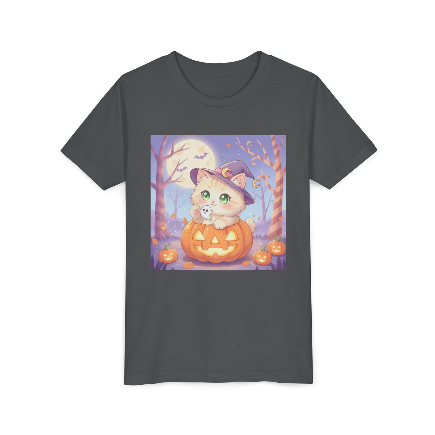 Halloween cute kitten anime style 1 Unisex Youth Tee | T-Shirt, Cute Pumpkin Shirt, Kids Halloween Outfit, Cat Lover Gift, Fun Fall Apparel