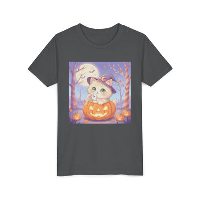 Halloween cute kitten anime style 1 Unisex Youth Tee | T-Shirt, Cute Pumpkin Shirt, Kids Halloween Outfit, Cat Lover Gift, Fun Fall Apparel