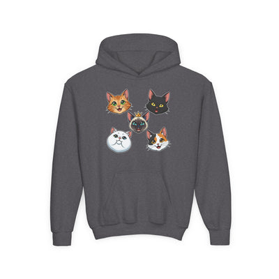 Cute Cat Heads Unisex Youth Hoodie, Fun Pet Lover Sweater, Kids Gift, Animal Lover Apparel, Perfect for Birthdays & Holidays
