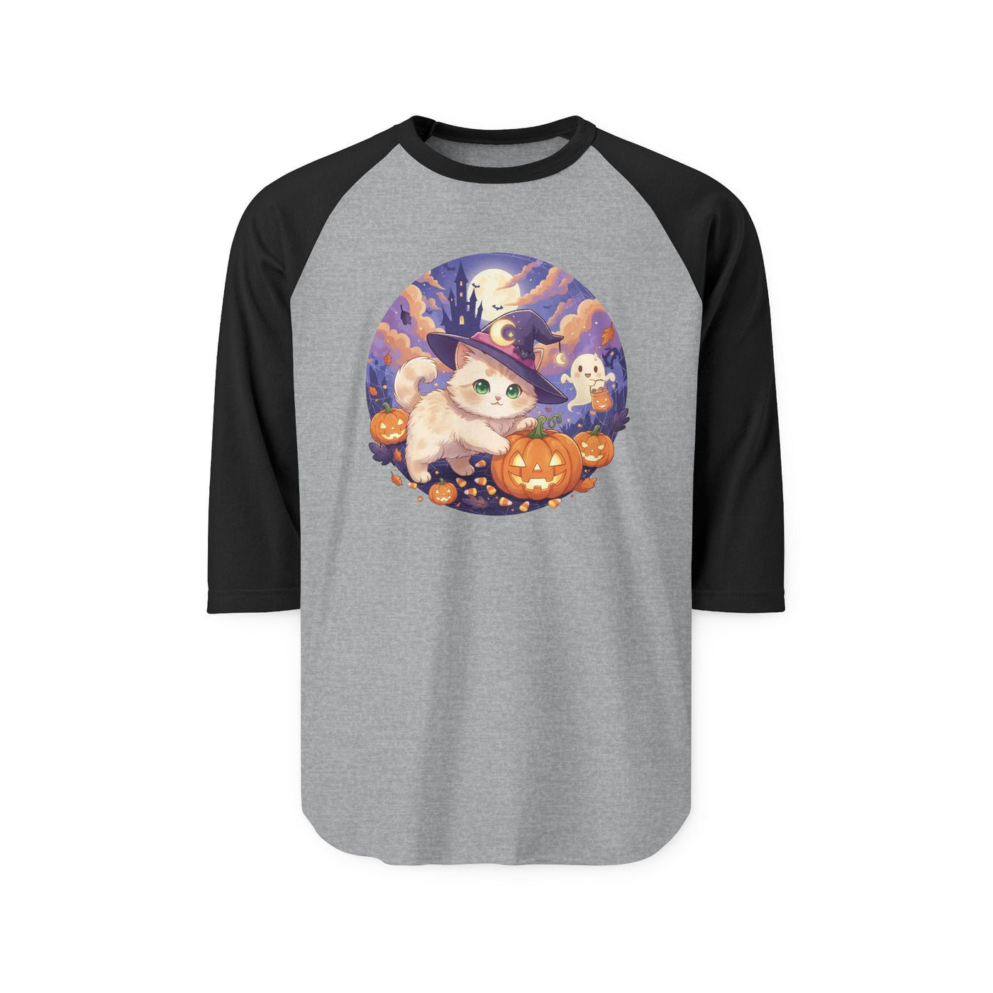 Halloween cute kitten anime style 5 Raglan Shirt, Unisex Halloween Top, Pumpkin Cat Shirt, Cute Cat Tee, Spooky Casual Wear