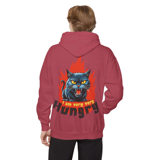 I am very very Hungry - Cartoon Cat Unisex Pullover Hoodie featuring a snarling cat graphic and flames design.
