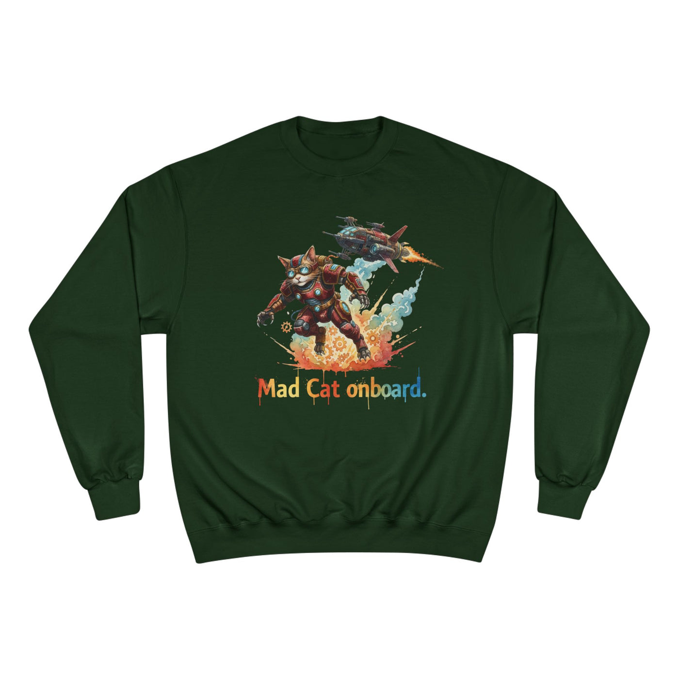 Mad Cat Onboard Graphic style 2 Champion Crewneck Sweatshirt for Gamers & Sci‑Fi Fans