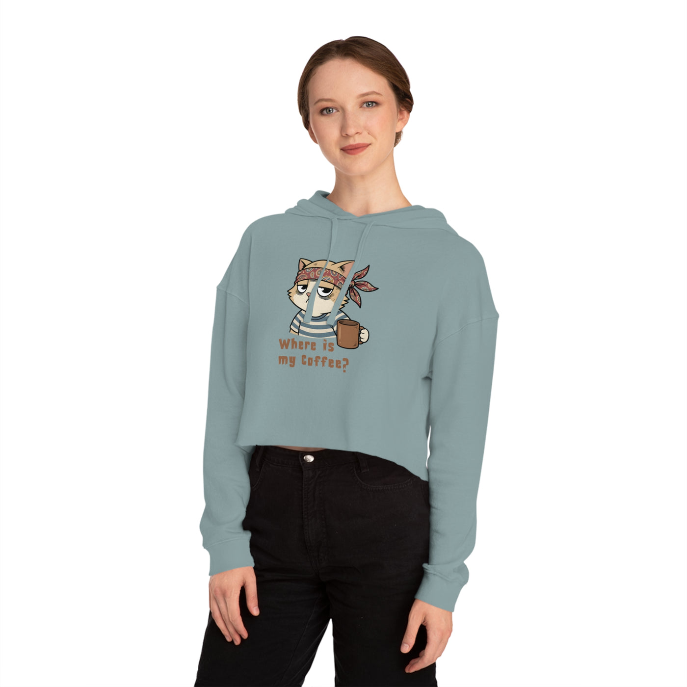 "Where is my coffee?" Cat Graphic Women Cropped Hoodie