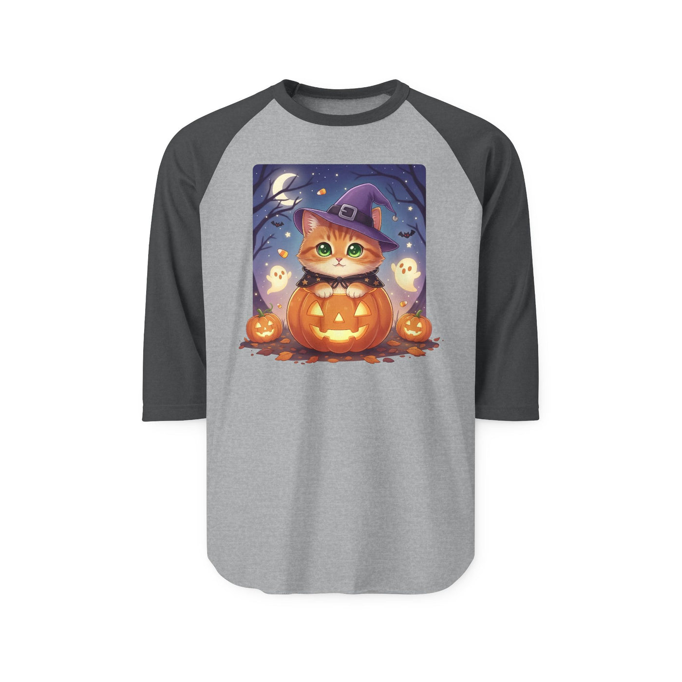 Halloween cute kitten anime style 7 Raglan Shirt, Unisex Halloween Top, Pumpkin Cat Shirt, Cute Cat Tee, Spooky Casual Wear