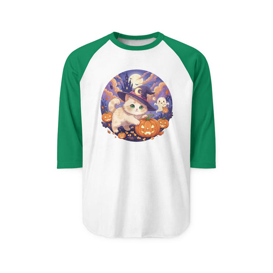 Halloween cute kitten anime style 5 Raglan Shirt, Unisex Halloween Top, Pumpkin Cat Shirt, Cute Cat Tee, Spooky Casual Wear