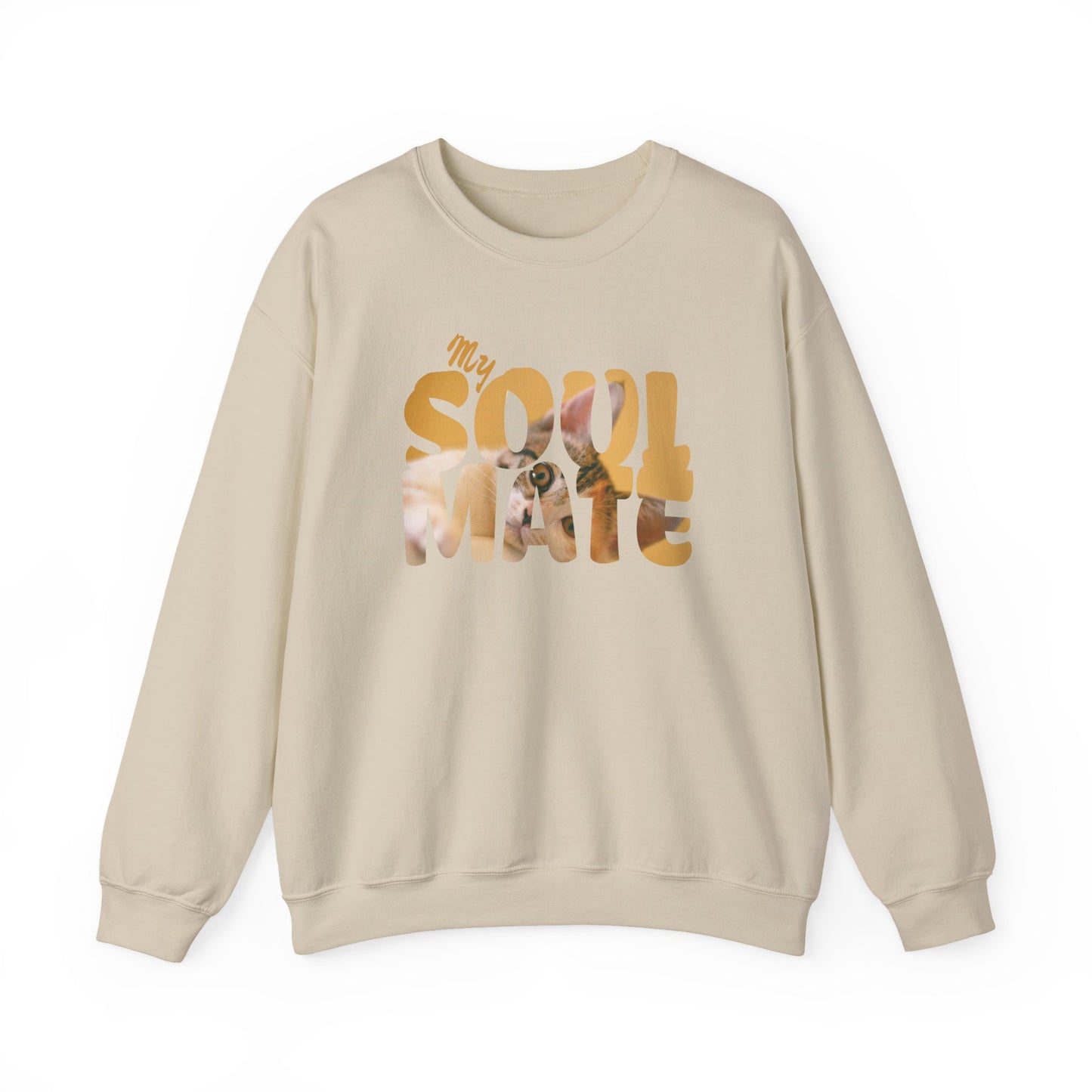 Cat My Soulmate Unisex Crewneck Sweatshirt featuring warm lettering over a faded floral pattern.