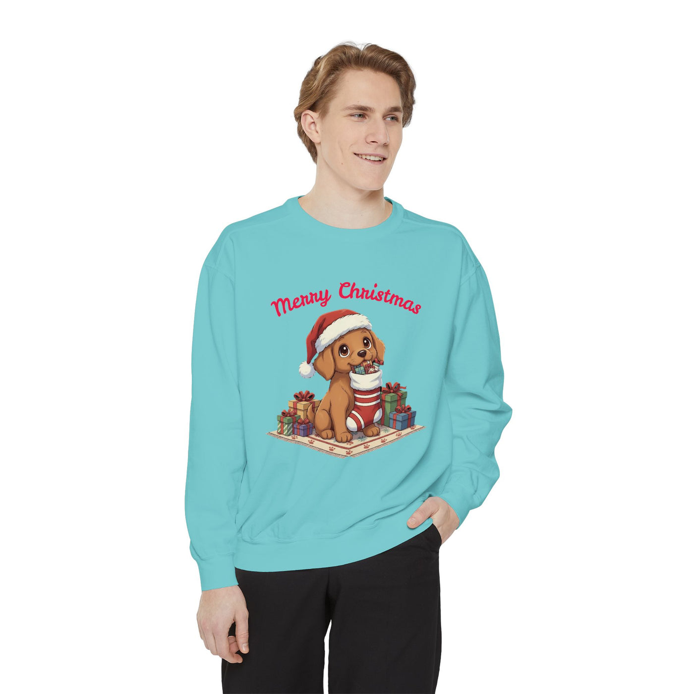 Cute Puppy waiting for Christmas presents style 2 Cozy Graphic Unisex Crewneck Sweatshirt