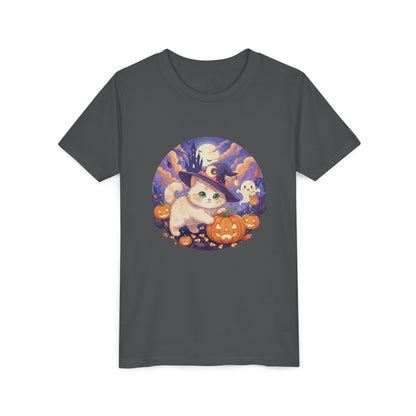 Halloween cute kitten anime style 5 Unisex Youth Tee | T-Shirt, Cute Pumpkin Shirt, Kids Halloween Outfit, Cat Lover Gift, Fun Fall Apparel