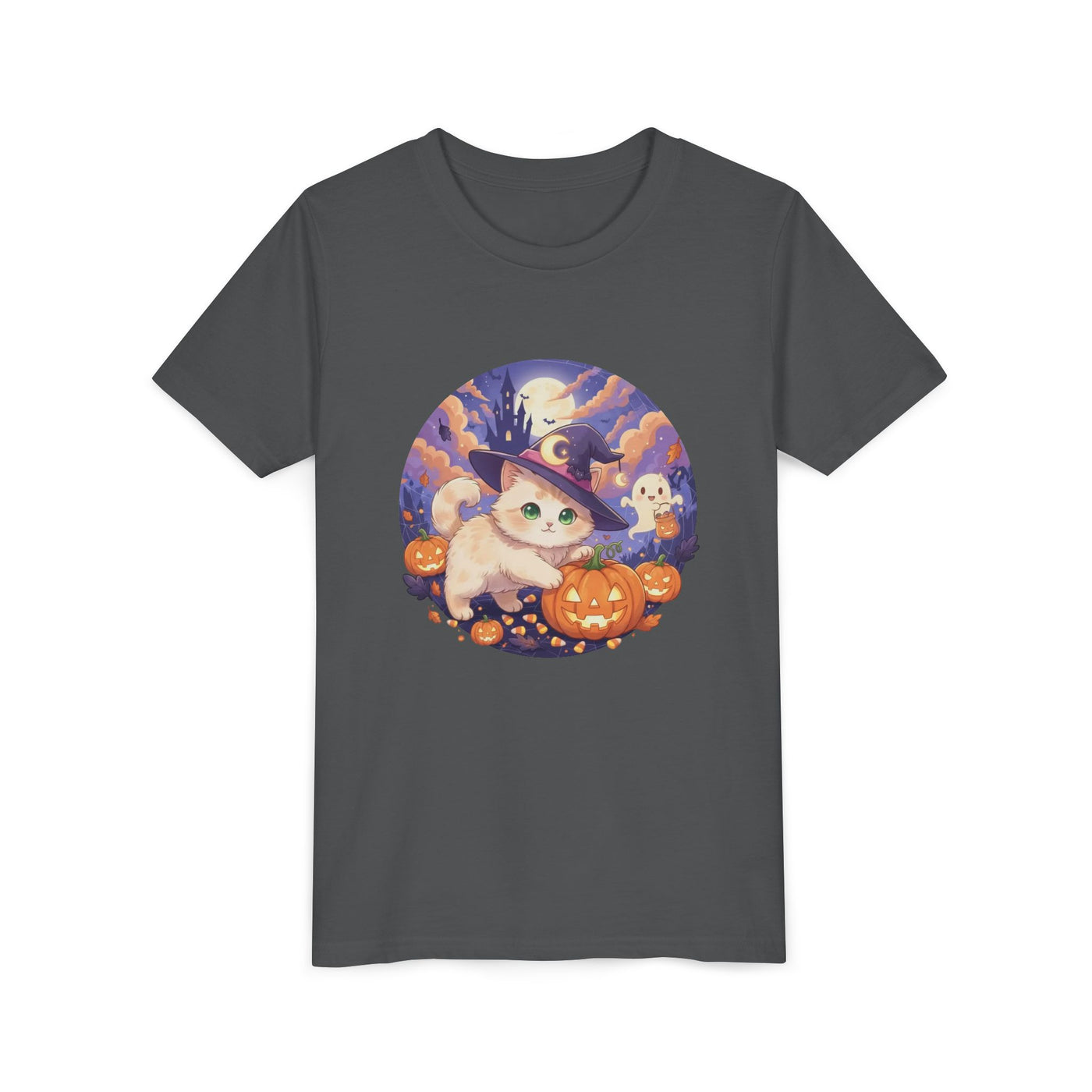 Halloween cute kitten anime style 5 Unisex Youth Tee | T-Shirt, Cute Pumpkin Shirt, Kids Halloween Outfit, Cat Lover Gift, Fun Fall Apparel