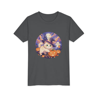 Halloween cute kitten anime style 5 Unisex Youth Tee | T-Shirt, Cute Pumpkin Shirt, Kids Halloween Outfit, Cat Lover Gift, Fun Fall Apparel