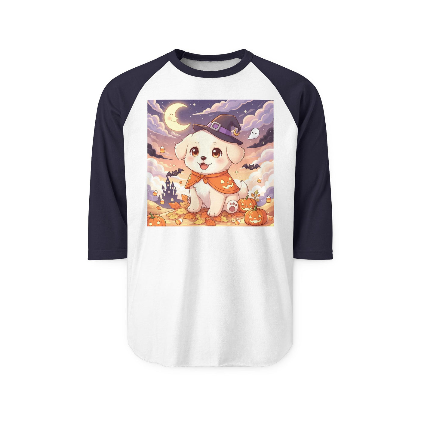 Halloween cute puppy anime style 2 Raglan Shirt, Cute Pet Shirt, Fall Apparel, Unisex Halloween Outfit, Gift for Dog Lovers, Spooky Season Tee