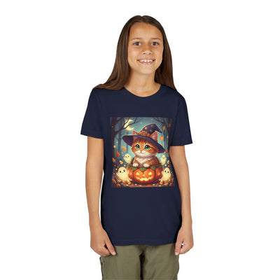 Halloween cute kitten anime style 3 Unisex Youth Tee | T-Shirt, Cute Pumpkin Shirt, Kids Halloween Outfit, Cat Lover Gift, Fun Fall Apparel