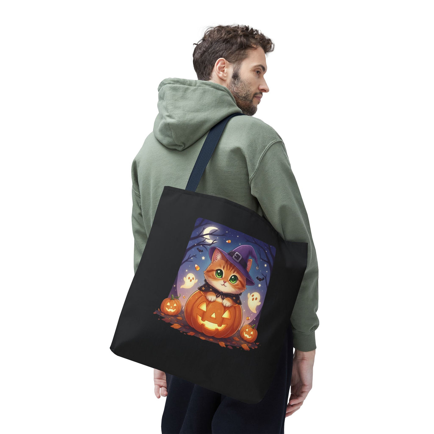 Halloween Cat anime style Tote Bag, Spooky Pet Lovers Gift, Boho Halloween Bag, Witchy Cat Tote, Fall Festivities Accessory