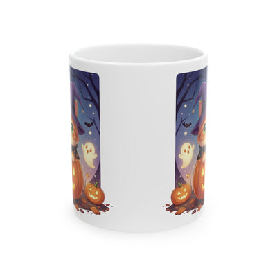 Halloween Themed style 2 Ceramic Mug, Cozy Fall Coffee Cup, Ghosts & Pumpkins Design, Seasonal Gift, Spooky Mug for Halloween Celebrations