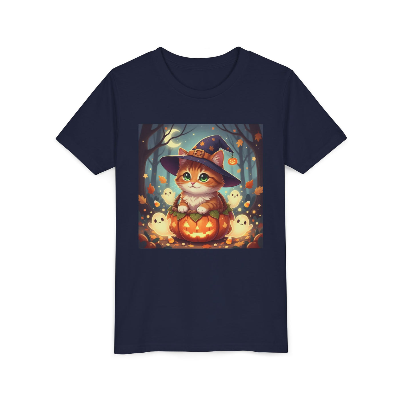 Halloween cute kitten anime style 3 Unisex Youth Tee | T-Shirt, Cute Pumpkin Shirt, Kids Halloween Outfit, Cat Lover Gift, Fun Fall Apparel