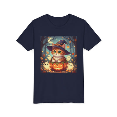Halloween cute kitten anime style 3 Unisex Youth Tee | T-Shirt, Cute Pumpkin Shirt, Kids Halloween Outfit, Cat Lover Gift, Fun Fall Apparel