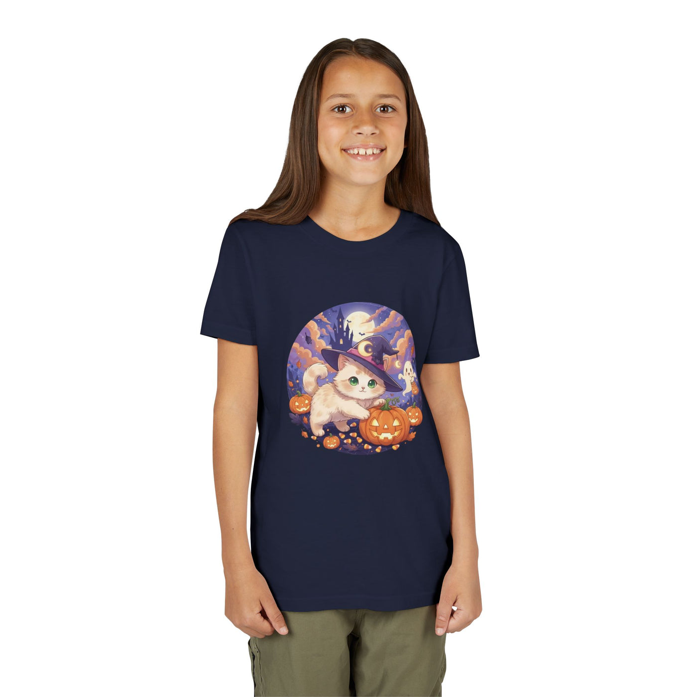 Halloween cute kitten anime style 5 Unisex Youth Tee | T-Shirt, Cute Pumpkin Shirt, Kids Halloween Outfit, Cat Lover Gift, Fun Fall Apparel