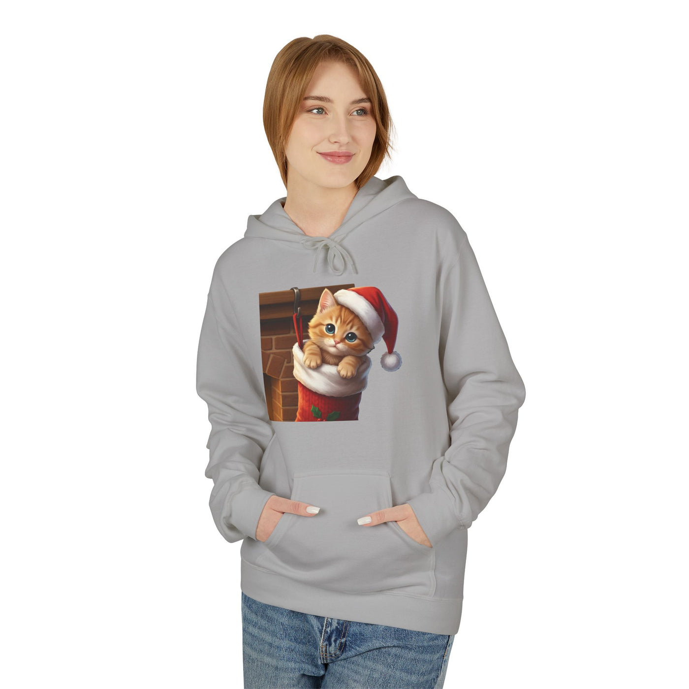 Adorable kitten hiding in Christmas stocking style 4 Cozy Graphic Unisex Midweight Softstyle Fleece Hoodie