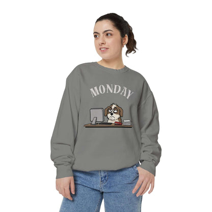 Monday Face Dog Stares Blankly Unisex Crewneck Sweatshirt featuring a dog in front of a computer and 'MONDAY' text.