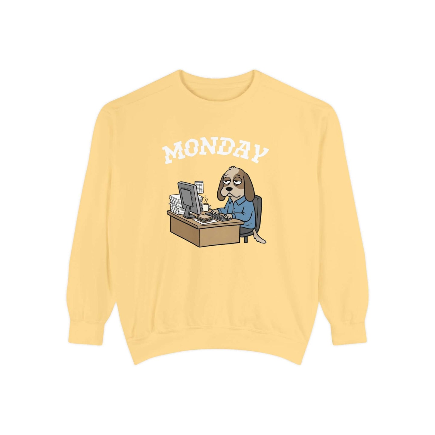 Monday Face Dog Stares Blankly Unisex Crewneck Sweatshirt with cartoon dog at a desk under 'MONDAY' text.