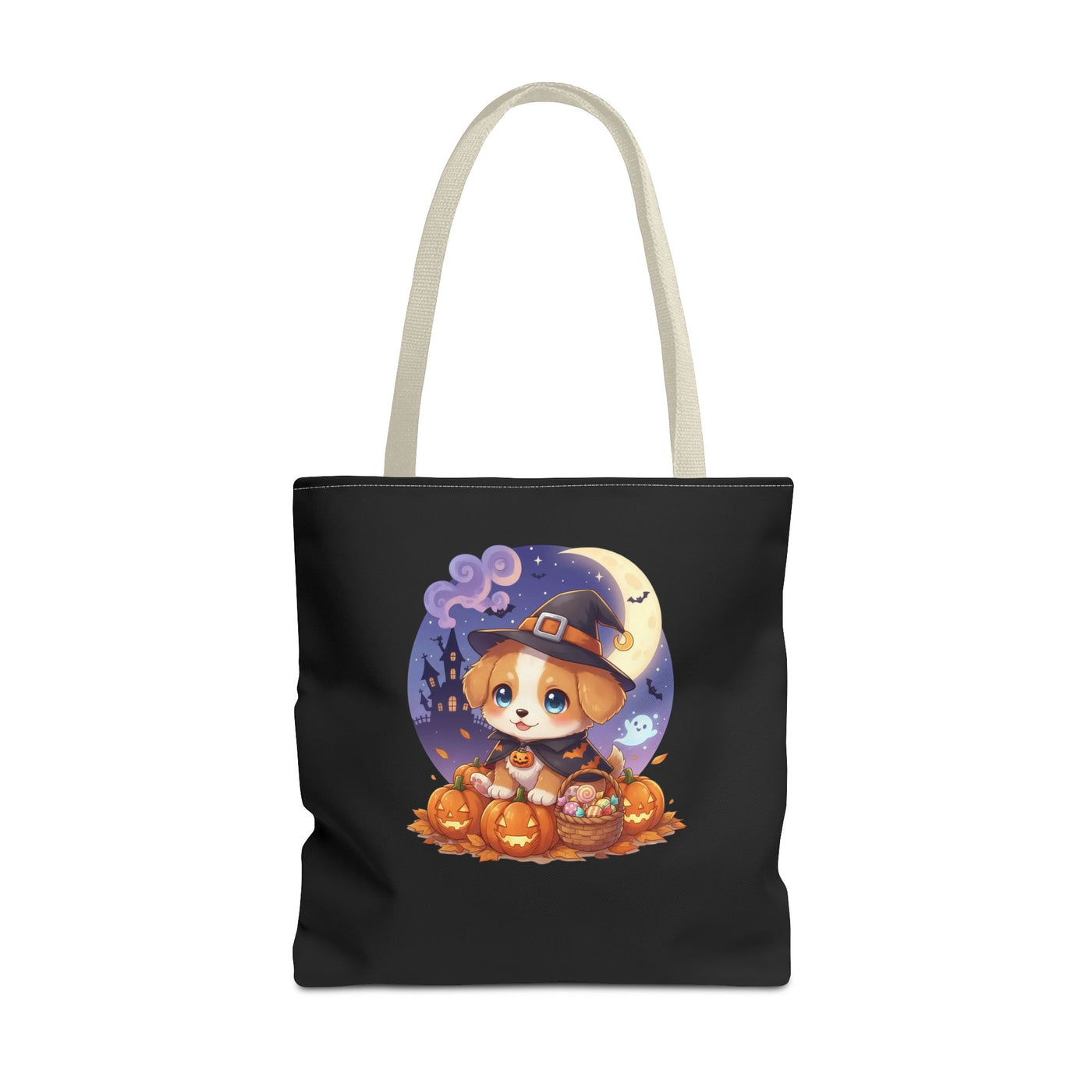 Adorable Halloween Puppy anime style Tote Bag, Pumpkin Lover Gift, Cute Dog Design, Witch Theme, Eco-Friendly Shopping Bag