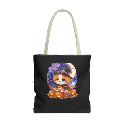Adorable Halloween Puppy anime style Tote Bag, Pumpkin Lover Gift, Cute Dog Design, Witch Theme, Eco-Friendly Shopping Bag