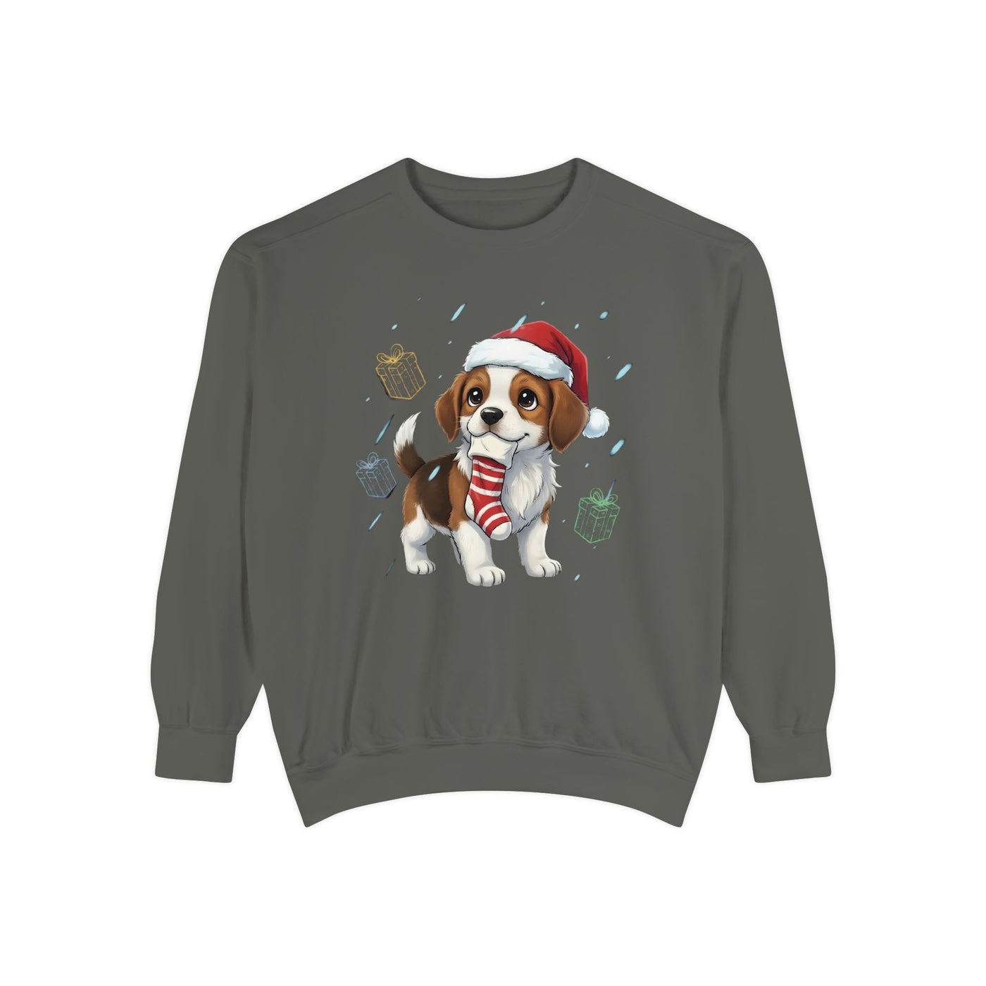 Cute Puppy waiting for Christmas presents style 6 Cozy Graphic Unisex Crewneck Sweatshirt