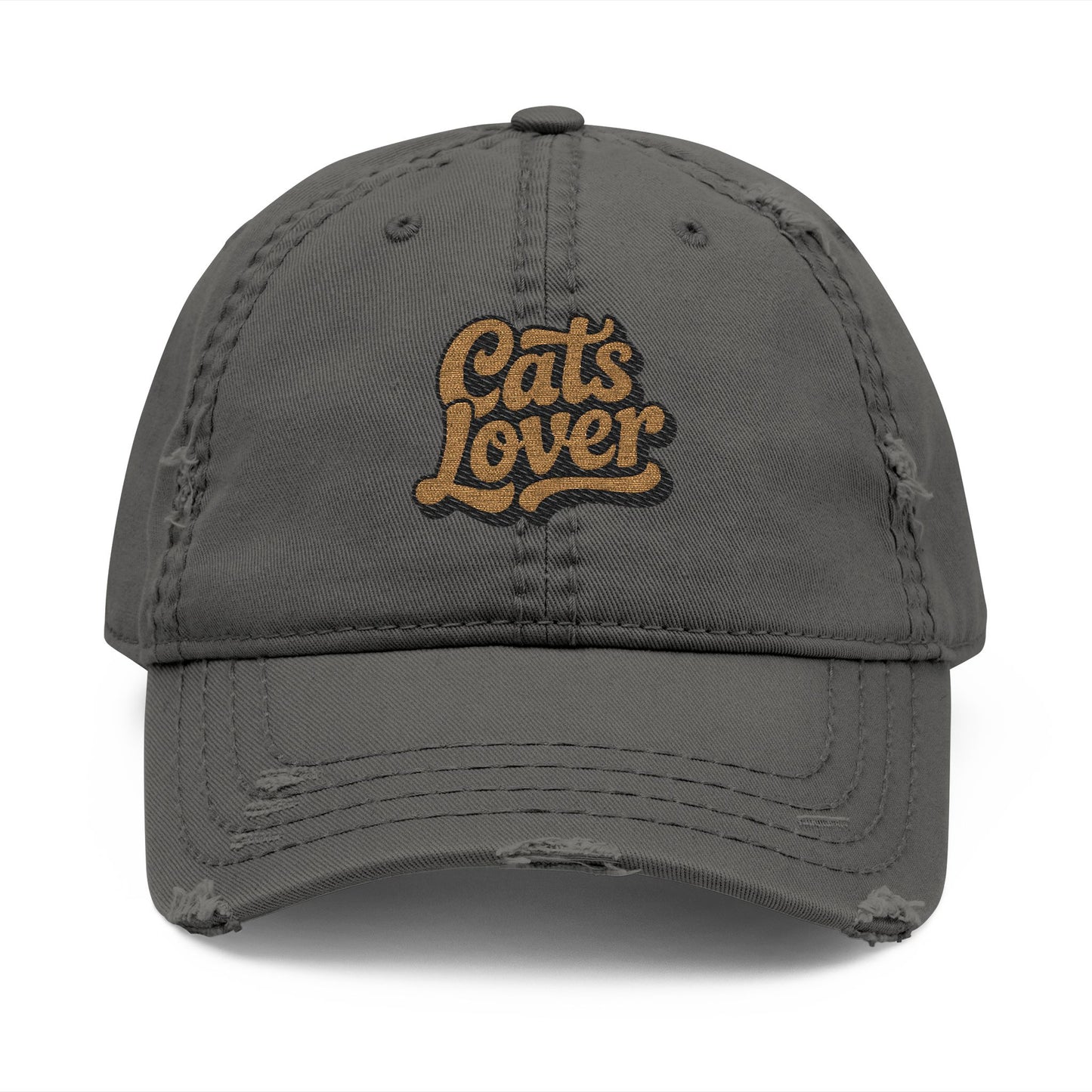 Cats Lover Distressed Embroidered Cap Dad Hat Brown Words in grey with embroidered lettering.