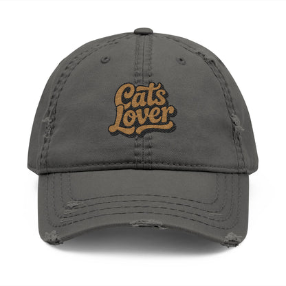 Cats Lover Distressed Embroidered Cap Dad Hat Brown Words in grey with embroidered lettering.