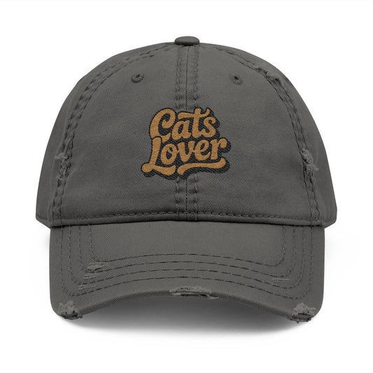 Cats Lover Distressed Embroidered Cap Dad Hat Brown Words in grey with embroidered lettering.