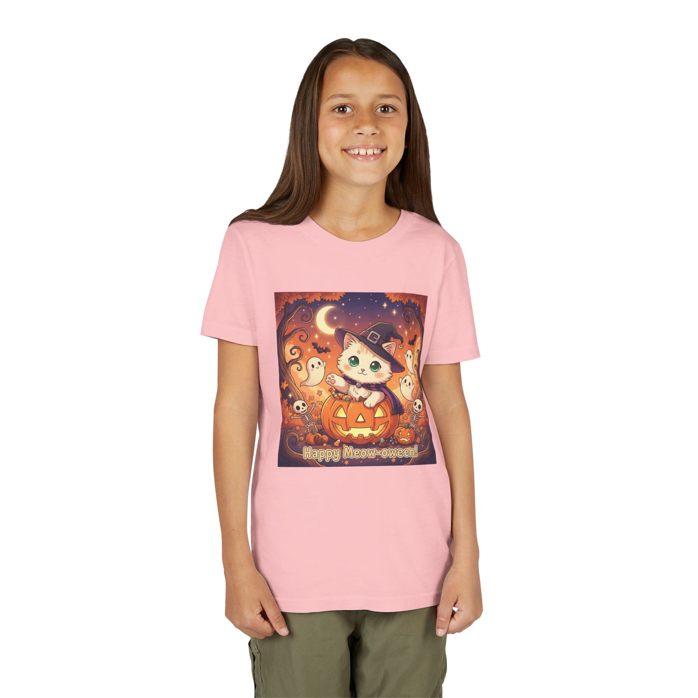 Halloween cute kitten anime style 6 Unisex Youth Tee | T-Shirt, Cute Pumpkin Shirt, Kids Halloween Outfit, Cat Lover Gift, Fun Fall Apparel